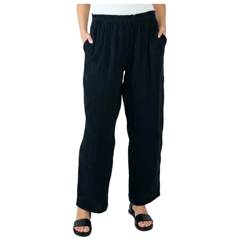 NWT Coldwater Creek Women Black Cotton Gauze Pull-On Pants Elastic •M• Coastal